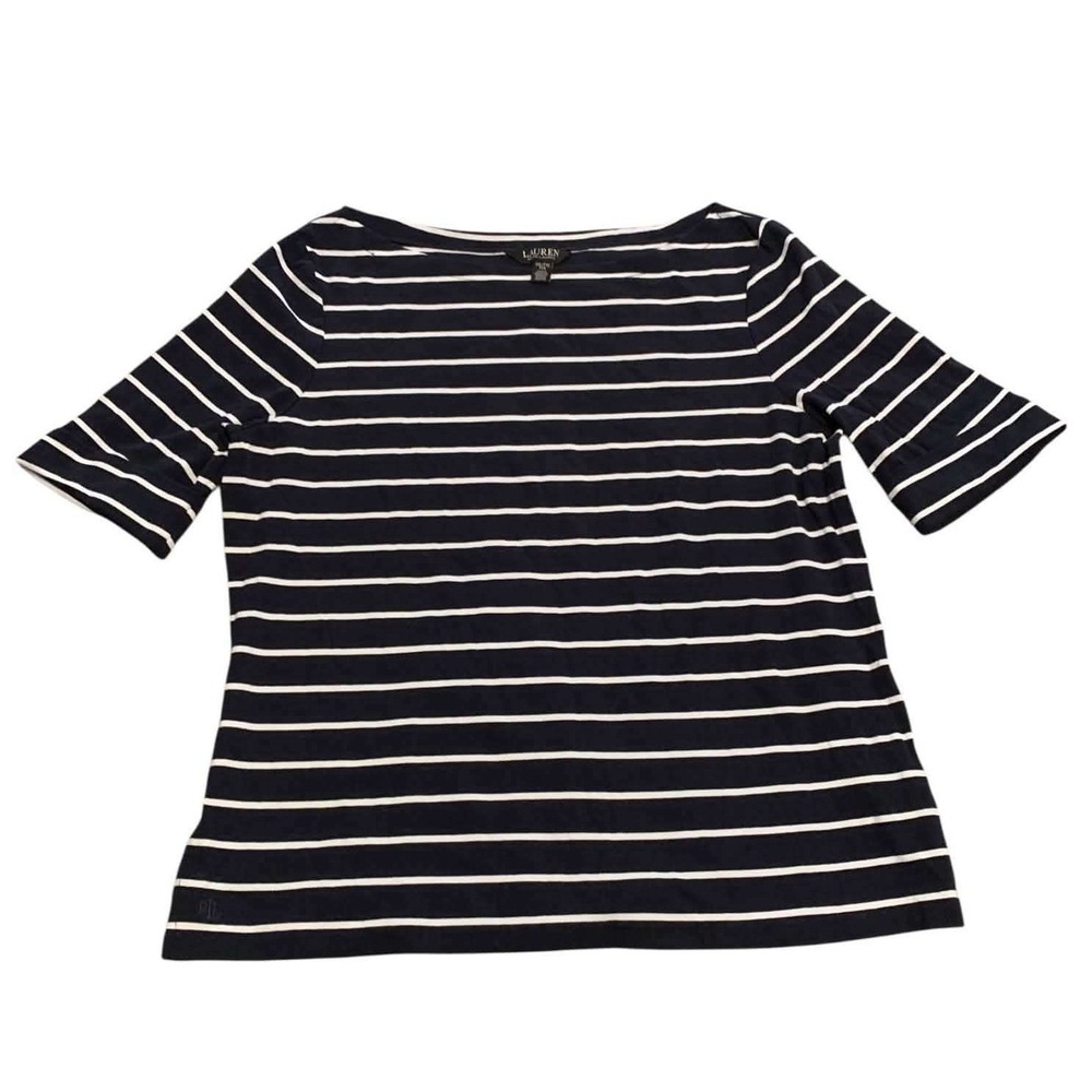 Lauren Ralph Lauren T-Shirt Women XXL Navy Blue Striped Boat Neck Preppy Coastal